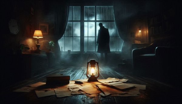“Silhouetted figure in a long coat stands before a foggy window in a dim, lantern‑lit room filled with scattered papers, books, and warm ambient light, creating a moody, introspective thriller atmosphere.”
