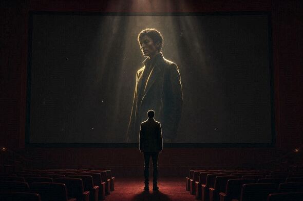 A person is standing in a dark movie theater, facing a glowing screen that reflects their future self, surrounded by gold accents and cinematic lighting.