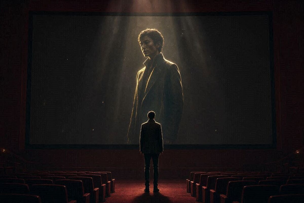 A person is standing in a dark movie theater, facing a glowing screen that reflects their future self, surrounded by gold accents and cinematic lighting.