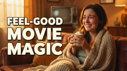  A woman sitting on a brown sofa, wrapped in a cozy tan knit blanket, holding a steaming mug with both hands. She has a t
earful but joyful expression, as if moved by something she is watching. The background shows a warm, dimly lit living room with a vintage television. Large, bold text on the left reads 