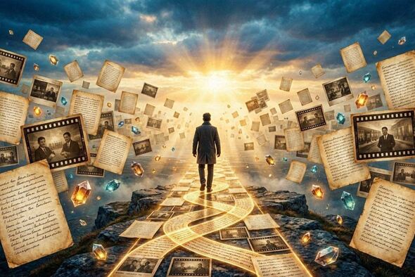 A person standing in a glowing landscape of floating story fragments, symbolizing rewriting one’s internal narrative.