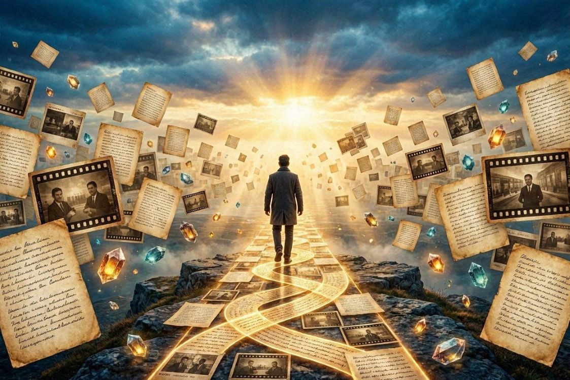A person standing in a glowing landscape of floating story fragments, symbolizing rewriting one’s internal narrative.