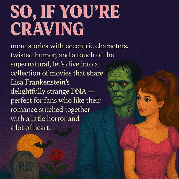 Illustrated 80s-inspired gothic collage featuring a quirky undead boyfriend in a blue suit and stitched face, standing beside a smiling heroine in a pink off-the-shoulder dress with voluminous hair and a purple bow. Behind them, a glowing orange moon, flying bats, and a tombstone with a red rose evoke a campy horror-romance vibe. The background is deep purple with retro VHS textures and pastel macabre accents.