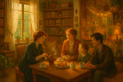 “A warmly lit living room where a family gathers around a wooden table for tea, surrounded by bookshelves, potted plants, lace curtains, and glowing string lights—evoking the nostalgic comfort and emotional intimacy of cozy cinematic storytelling.”