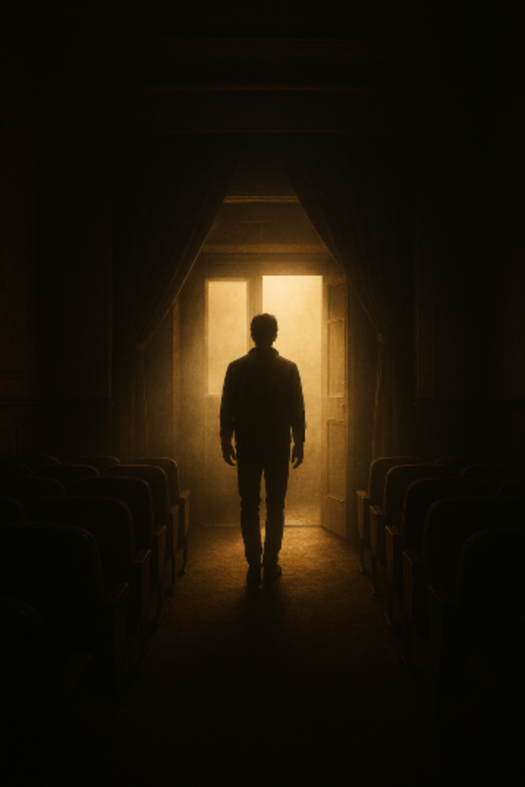 Silhouetted figure stands in the doorway of a dark theater, bathed in golden light streaming from outside, symbolizing emotional transformation and cinematic renewal.