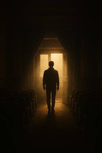 Silhouetted figure stands in the doorway of a dark theater, bathed in golden light streaming from outside, symbolizing emotional transformation and cinematic renewal.