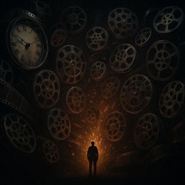 Silhouetted figure standing before a glowing light surrounded by suspended film reels and a Roman numeral clock, evoking cinematic memory, time, and emotional reflection.