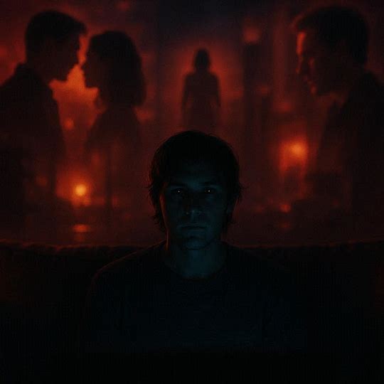A person sits in a dark room facing a glowing screen, their silhouette faintly lit by cool blue light. Behind them, a vivid red and orange scene appears projected on the wall, showing two couples on opposite sides and a solitary figure in the center. The contrast between the dark foreground and fiery background creates a dramatic, introspective mood.