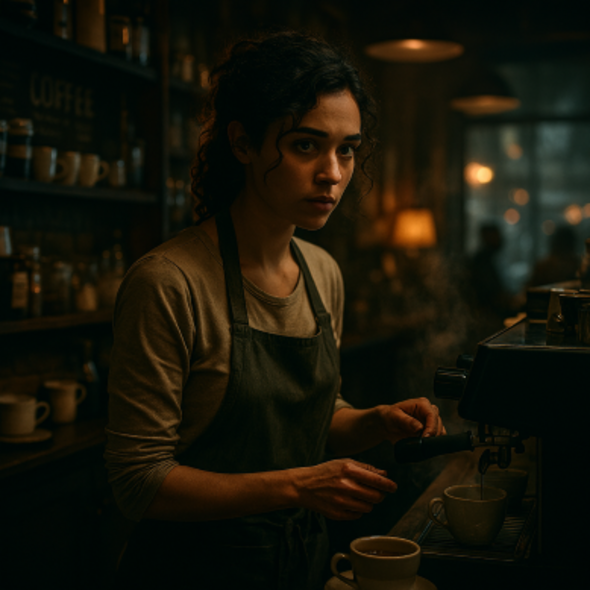 A cinematic café scene with a young barista in soft silhouette, watching the entrance with quiet tension as steam rises from an espresso machine. Warm golden light spills across the counter, casting dramatic shadows in a fog‑shrouded interior.