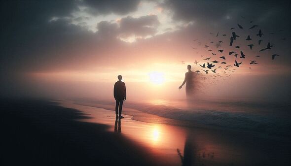 A solitary figure stands on a reflective shoreline at sunset while another figure dissolves into a flock of birds rising into the sky, symbolizing release, transformation, and letting go.