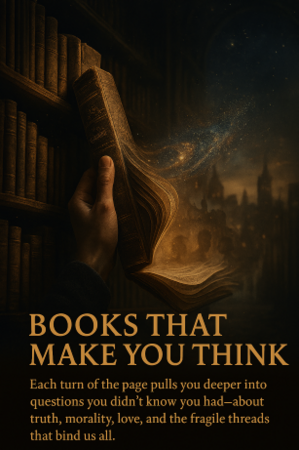 A hand pulls a glowing, time‑worn book from a shadowed library shelf as golden light and cosmic swirls rise from its pages, revealing cities, galaxies, and faces across centuries — evoking the transformative power of reading and thought.