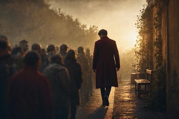 A solitary figure stepping from a blurred collective world into a clear, golden sovereign space.