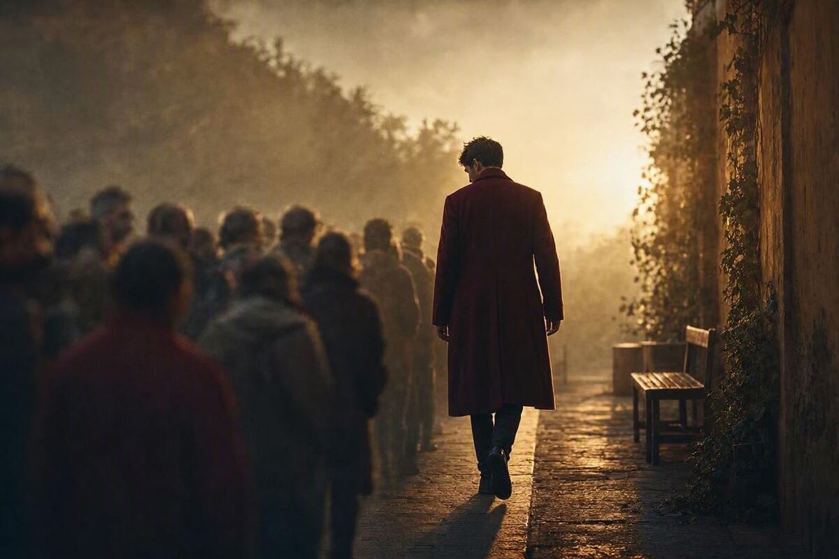 A solitary figure stepping from a blurred collective world into a clear, golden sovereign space.