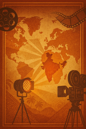 A retro‑styled cinematic illustration blending a sepia‑toned world map with vintage Indian film motifs, highlighting India as the emotional center of global cinema.