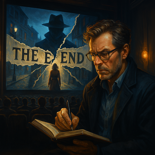 A contemplative male writer sits in a dimly lit theater, illuminated by the glow of a movie screen that displays a torn “THE END” and a shadowy figure in a trench coat. He writes in a notebook as the film unfolds, suggesting a surreal mystery where stories are sabotaged and endings unravel.