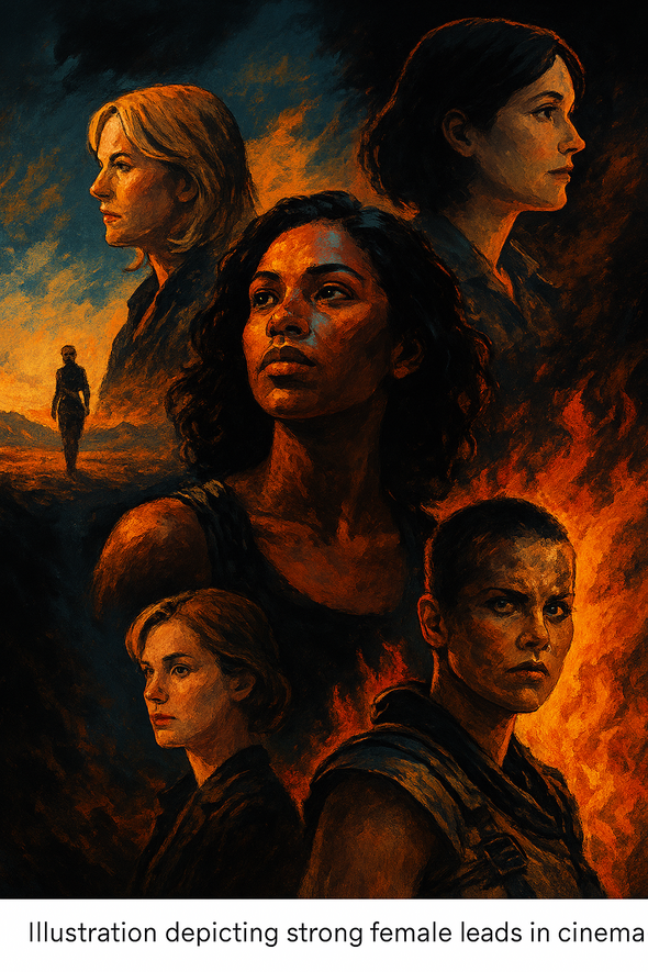 A cinematic collage-style illustration symbolizing the evolution of strong female leads, featuring four stylized silhouettes in dramatic lighting, layered textures, and warm–cool color contrasts representing resilience, transformation, and emotional depth.
