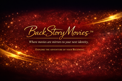 A cosmic burgundy‑and‑gold banner with swirling light trails and star‑like particles. The text reads “BackStoryMovies™ — Where movies are mirrors to your next identity. Explore the adventure of your Becoming.” The design evokes transformation, storytelling, and self‑reflection through cinematic imagery.