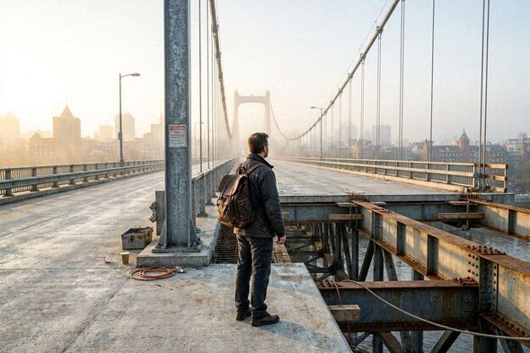 A person stands on an unfinished bridge glowing in morning light, symbolizing purpose being built through becoming.