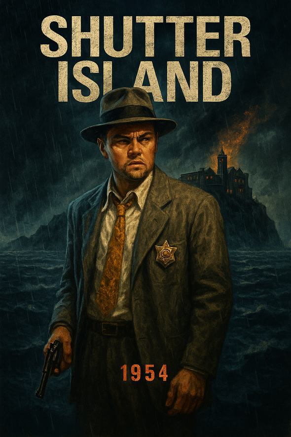 Digital painting of a tense U.S. Marshal in 1954 standing on a stormy cliff, overlooking Ashecliffe Hospital on a remote island. He wears a fedora and rumpled suit, gripping a revolver, with rain falling and lightning illuminating the ominous asylum in the distance.