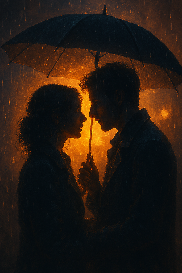 Two silhouetted figures stand beneath a shared umbrella in the rain, bathed in warm golden light. Their faces are close but not touching, capturing the aching tension of a slow-burn romance — longing, restraint, and the quiet spark that refuses to fade.