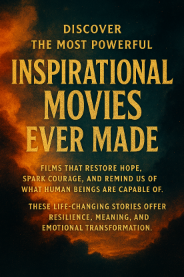 Typography art featuring the phrase “Inspirational Movies Ever Made” in bold golden serif letters against a dramatic sunset-toned sky. The background blends deep oranges, reds, and blues with soft particles, evoking emotional transformation and cinematic grandeur. Supporting text highlight's themes of hope, courage, and human resilience.