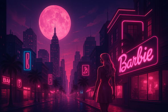 Cinematic pink-noir cityscape with neon lights, Barbie sign, and surreal twilight skyline