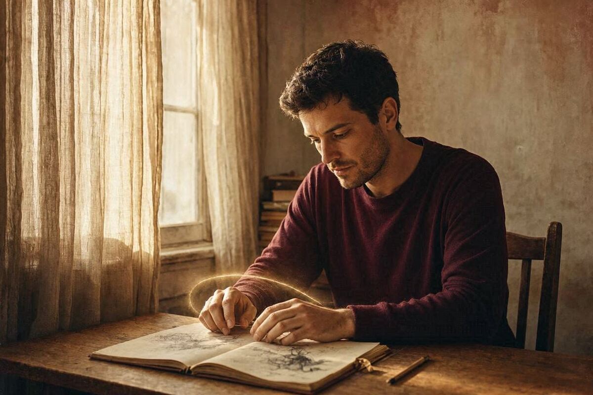 A person journaling in warm cinematic light, symbolizing creative expression awakening the inner world.