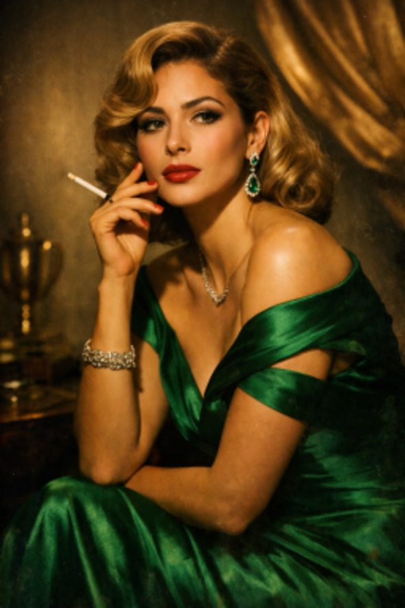 A glamorous 1960s Hollywood actress in an emerald gown, lit in soft gold, looking both powerful and emotionally guarded.