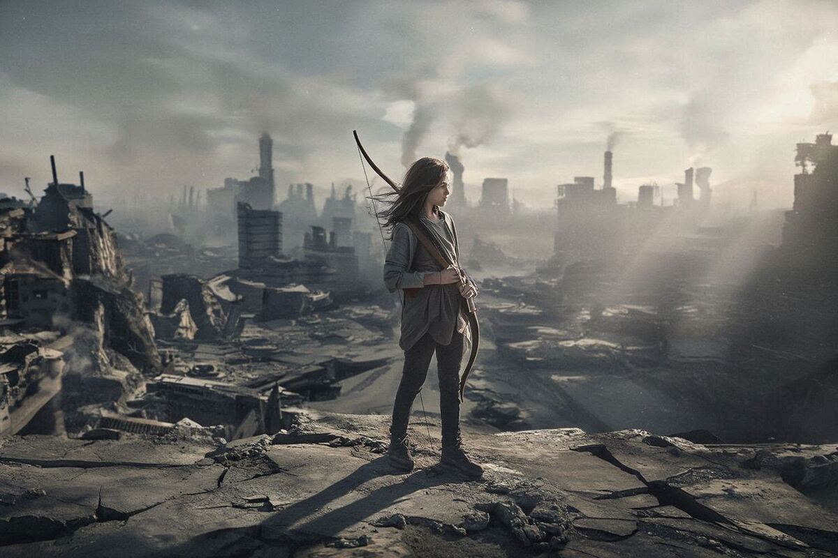 Teenage girl overlooking a dystopian city as smoke rises in the distance.