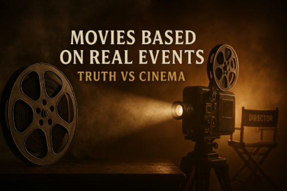 “Cinematic still of a vintage film reel and old projector casting a beam of light through swirling smoke, symbolizing the tension between truth and storytelling in movies based on real events.”