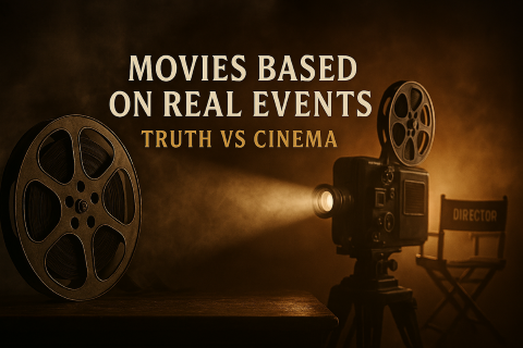“Cinematic still of a vintage film reel and old projector casting a beam of light through swirling smoke, symbolizing the tension between truth and storytelling in movies based on real events.”