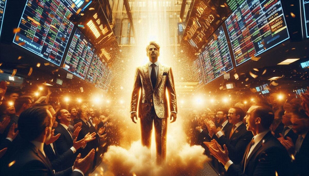 A man in a gold-patterned suit stands illuminated by a dramatic spotlight on a chaotic stock‑exchange trading floor, surrounded by cheering brokers, confetti, and glowing market screens that symbolize financial excess and idolized wealth.