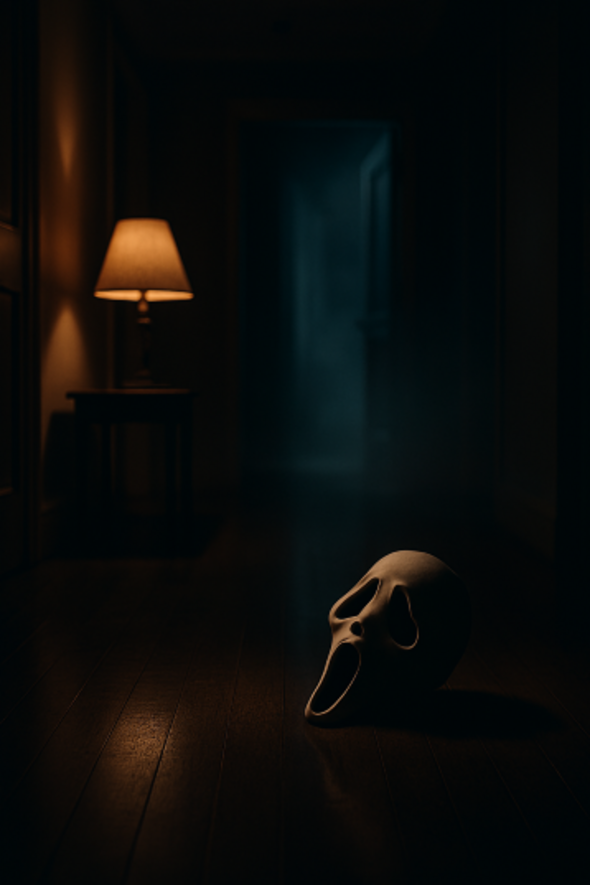 A dimly lit hallway with a warm lamp casting long shadows across polished wooden floors. In the foreground, a stylized ghost-like mask lies on its side, eerily calm and untouched. A faint blue glow and drifting fog emerge from an open doorway in the distance, evoking suspense, mystery, and psychological tension.