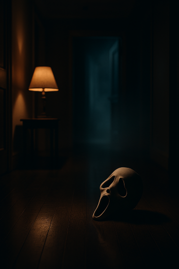 A dimly lit hallway with a warm lamp casting long shadows across polished wooden floors. In the foreground, a stylized ghost-like mask lies on its side, eerily calm and untouched. A faint blue glow and drifting fog emerge from an open doorway in the distance, evoking suspense, mystery, and psychological tension.