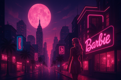 Cinematic pink-noir cityscape with neon lights, Barbie sign, and surreal twilight skyline
