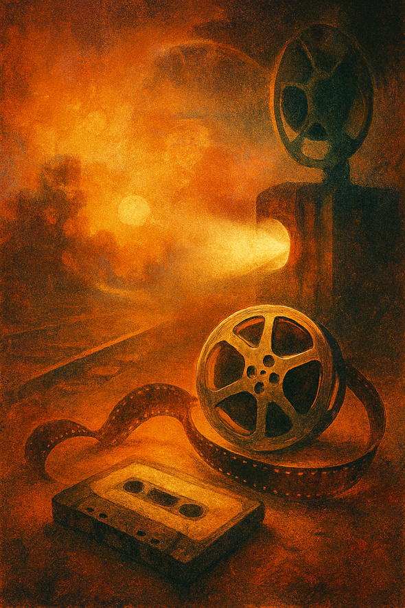Stylized artistic collage of analog media — a film reel, cassette tape, and vintage projector glowing against a warm, hazy sunset backdrop, evoking cinematic nostalgia and memory.