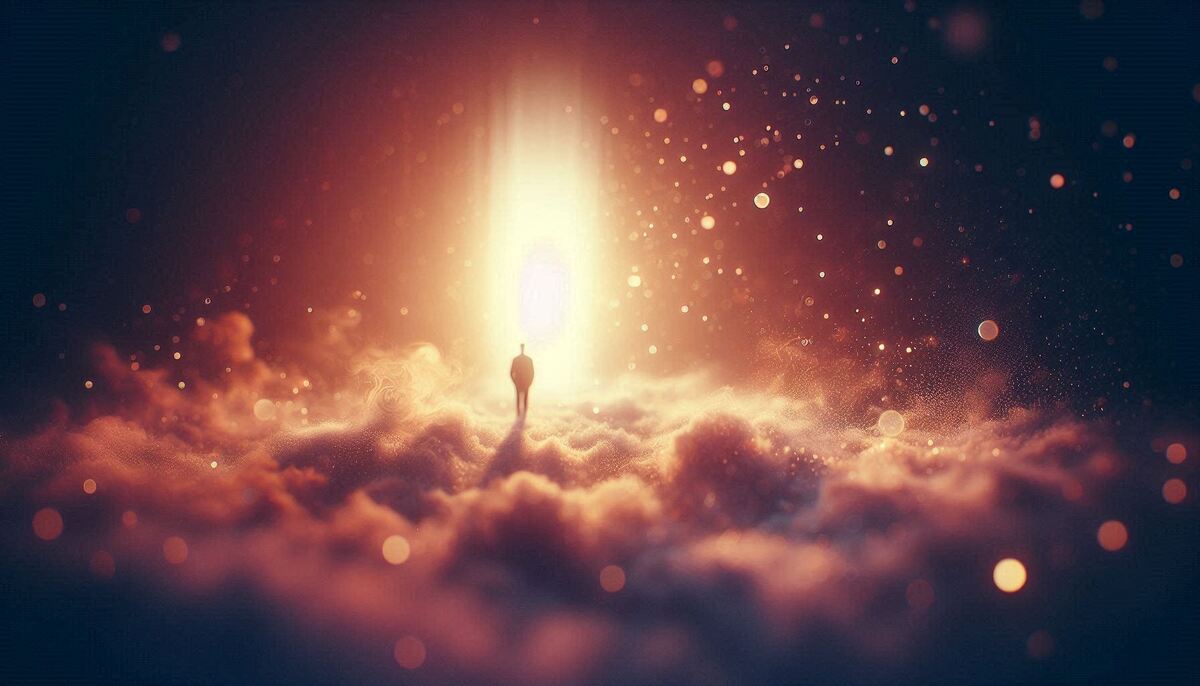A lone silhouetted figure stands on a glowing cloud‑like surface, facing a radiant vertical beam of light that resembles a portal, surrounded by drifting particles in a warm, dreamlike atmosphere.