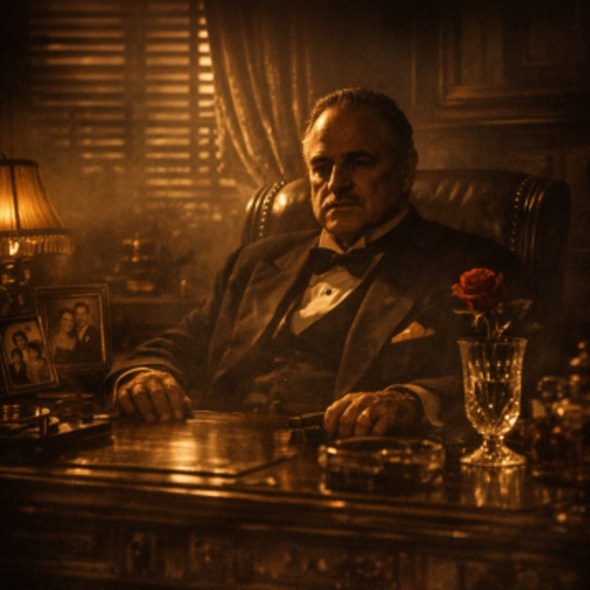 “Shadowed patriarch in a 1940s study, symbolizing legacy, power, and generational wealth.”