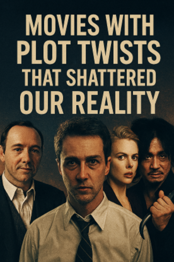 Collage of four iconic twist-heavy film characters — Verbal Kint, the Narrator, Kim Ki-taek, and Robert Angier — each lit dramatically against a fractured, shadowed background, symbolizing deception, duality, and narrative collapse.