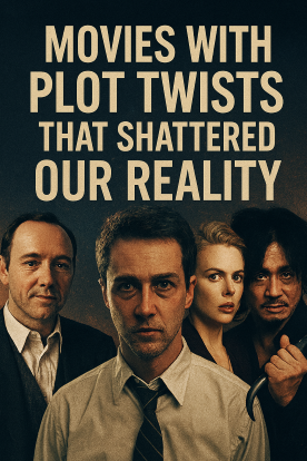 Collage of four iconic twist-heavy film characters — Verbal Kint, the Narrator, Kim Ki-taek, and Robert Angier — each lit dramatically against a fractured, shadowed background, symbolizing deception, duality, and narrative collapse.