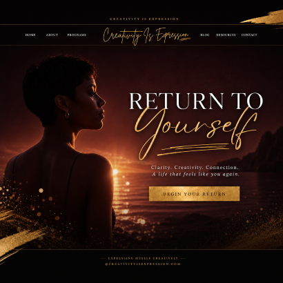 A silhouetted woman stands at the edge of a sunlit shoreline during golden hour, looking toward the horizon as warm orange light reflects across the water. The scene conveys introspection, creativity, and personal reinvention.