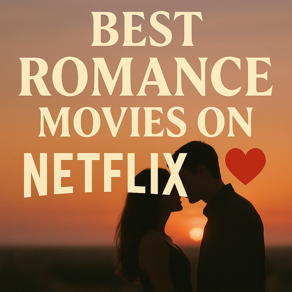 Cinematic promotional graphic for “Best Romance Movies on Netflix,” featuring a silhouetted couple leaning into each other at sunset. Warm golden and blush tones fill the sky, with bold cream-colored serif text and a red heart symbol beside the word “Romance.” The Netflix logo anchors the composition at the bottom.