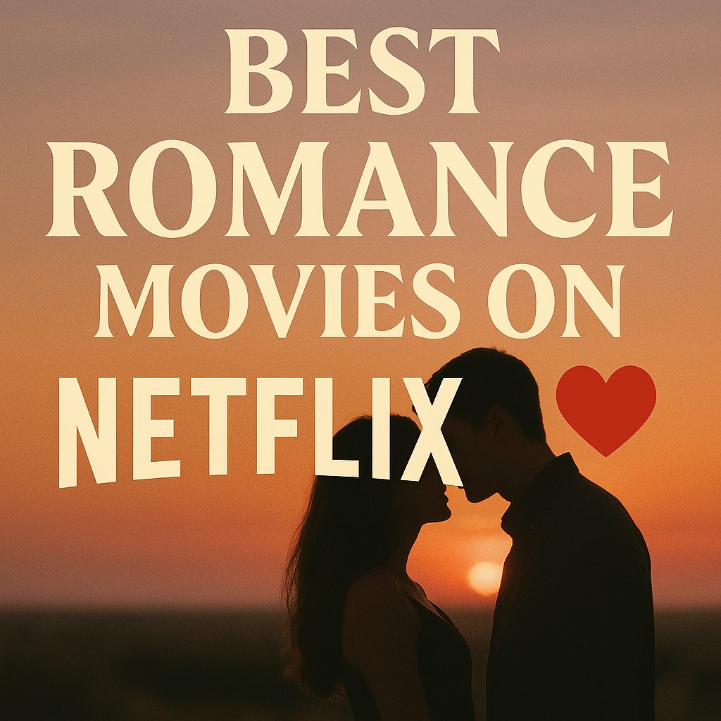 Cinematic promotional graphic for “Best Romance Movies on Netflix,” featuring a silhouetted couple leaning into each other at sunset. Warm golden and blush tones fill the sky, with bold cream-colored serif text and a red heart symbol beside the word “Romance.” The Netflix logo anchors the composition at the bottom.