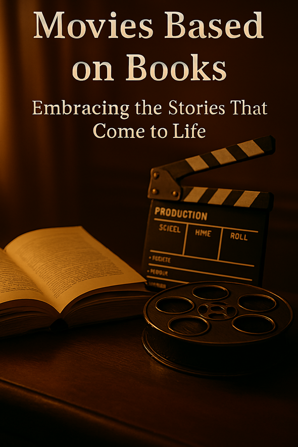 “Warm, cinematic still of an open book illuminated by golden light beside a vintage film reel, symbolizing how stories move from page to screen in movies based on books.”