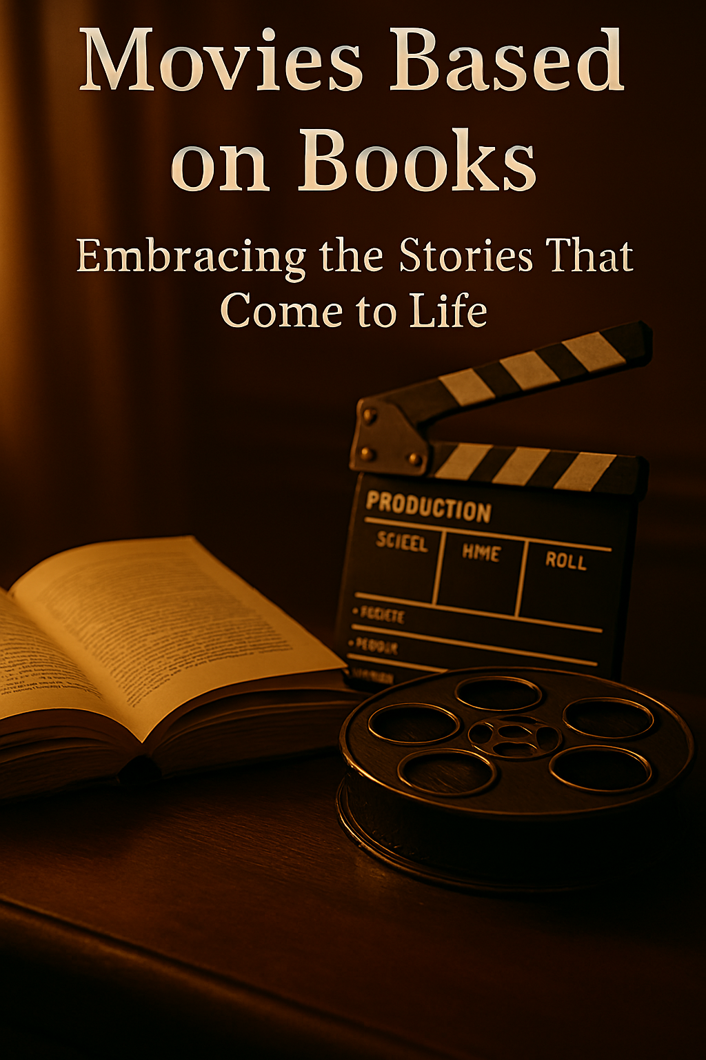“Warm, cinematic still of an open book illuminated by golden light beside a vintage film reel, symbolizing how stories move from page to screen in movies based on books.”