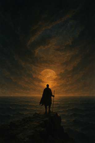 A lone traveler stands silhouetted on a rocky cliff, gazing across a vast, wine-dark sea under a swirling cosmic sky. Cloaked and resolute, the figure faces a glowing celestial horizon, evoking mythic solitude and the emotional gravity of an Odyssean journey.