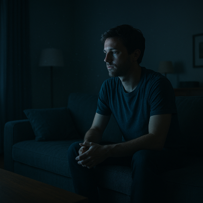 A person sitting alone on a couch in a dark living room, illuminated only by the glow of a TV screen, looking quietly reflective.