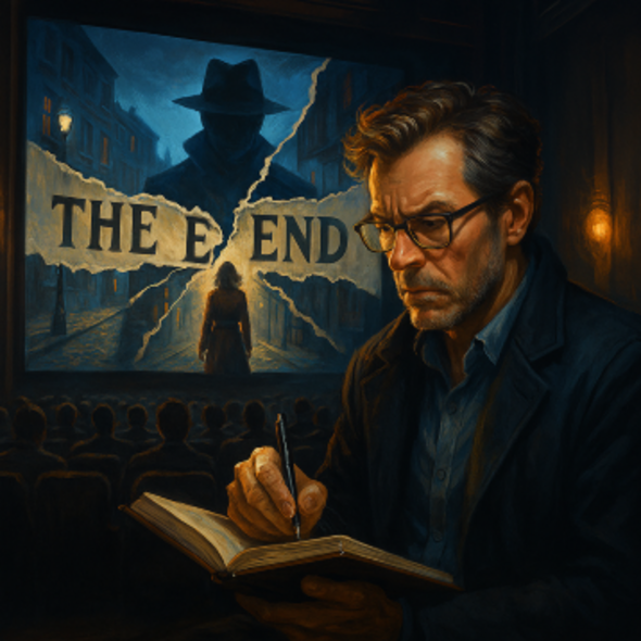 A contemplative male writer sits in a dimly lit theater, illuminated by the glow of a movie screen that displays a torn “THE END” and a shadowy figure in a trench coat. He writes in a notebook as the film unfolds, suggesting a surreal mystery where stories are sabotaged and endings unravel.