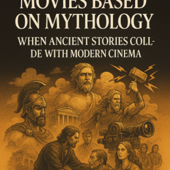 “Epic collage of mythological gods, warriors, and cosmic symbols intertwined with a golden film reel, representing the collision of ancient mythology and contemporary filmmaking.”