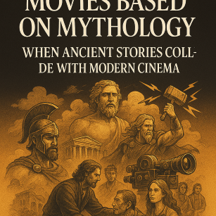 “Epic collage of mythological gods, warriors, and cosmic symbols intertwined with a golden film reel, representing the collision of ancient mythology and contemporary filmmaking.”